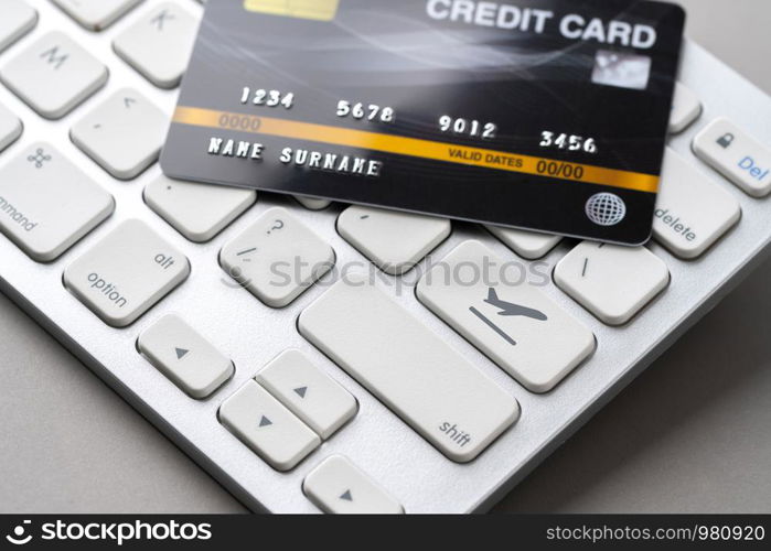 Travel & airplane online booking concept with credit card