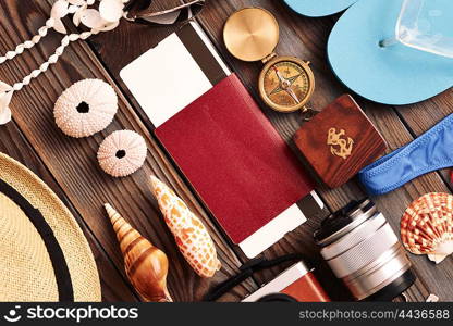 Travel and beach items flat lay still life