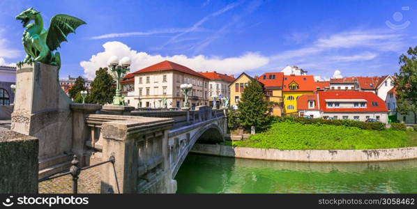 Travel and landmarks of Slovenia - beautiful Ljubljana with famos Dragon's bridge, iconic symbol of the city