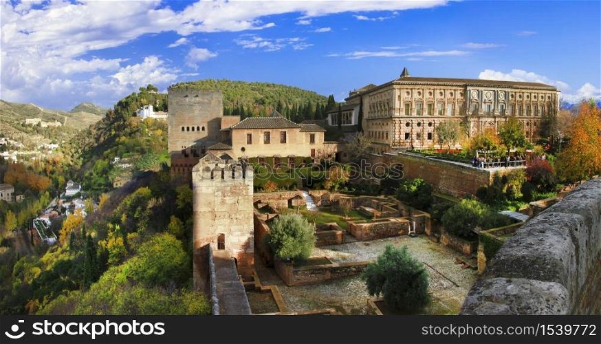 Travel and landmarks of Spain in Andalusia - Granada , splendid Alhambra complex and fortress. Granada- historic town in Andalusia, Alhambra fortress. Spain