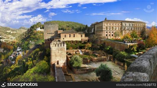 Travel and landmarks of Spain in Andalusia - Granada , splendid Alhambra complex and fortress. Granada- historic town in Andalusia, Alhambra fortress. Spain