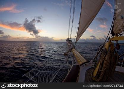 Travel and Stock Photography. View of the ocean from the front of a passenger cruise ship sailing in the Society Islands, Tahiti.