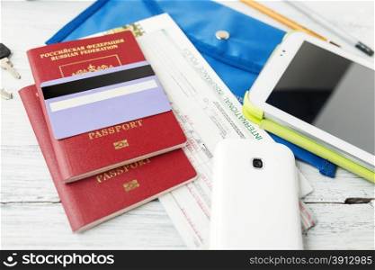 Travel and tourism concept. Air tickets, passports and credit card, tourism and planning