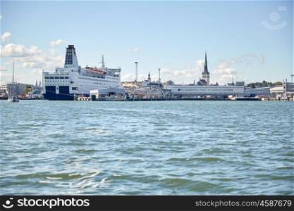 travel and tourism concept - view of sea port harbor and old town in tallinn city. sea port harbor and old town in tallinn city