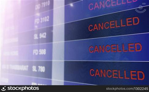 Travel and Transportation Concept. More Cancelled Status Showing on Flight Information Display