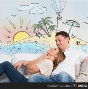 Travel and vacation concept. Adult couple planning their summer holidays and vacation