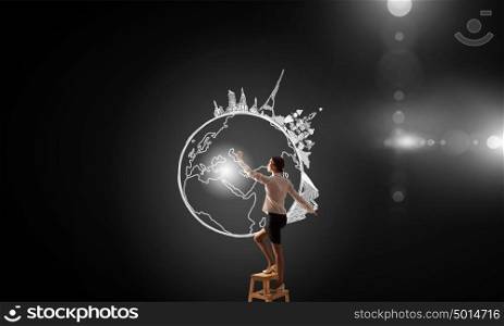 Travel and visit countries. Businesswoman standing on chair and reaching travel concept