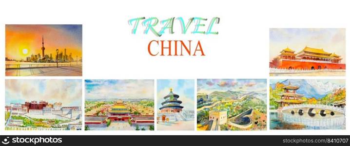 Travel around the world and sights. Famous landmarks in China grouped together. Watercolor hand drawn painting illustration, landmark of Asia on red, cloud background, popular tourist attraction.