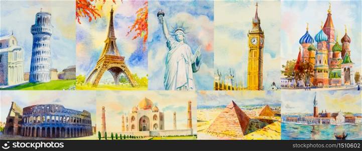 Travel around the world and sights. Famous landmarks of the world grouped together. Watercolor hand drawn painting illustration on paper with tourism, Use for advertising travel poster and postcard.
