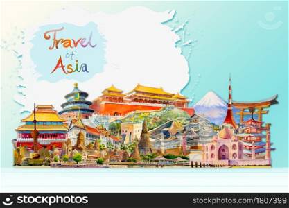 Travel around the world and sights. Famous landmarks of the world grouped together. Watercolor hand drawn painting illustration, landmark of Asia on white, blue background, popular tourist attraction.