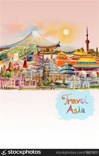 Travel around the world and sights. Famous landmarks of the world grouped together. Watercolor hand drawn painting illustration, landmark of Asia on pink, white background, popular tourist attraction.