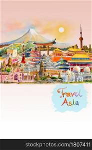 Travel around the world and sights. Famous landmarks of the world grouped together. Watercolor hand drawn painting illustration, landmark of Asia on pink, white background, popular tourist attraction.