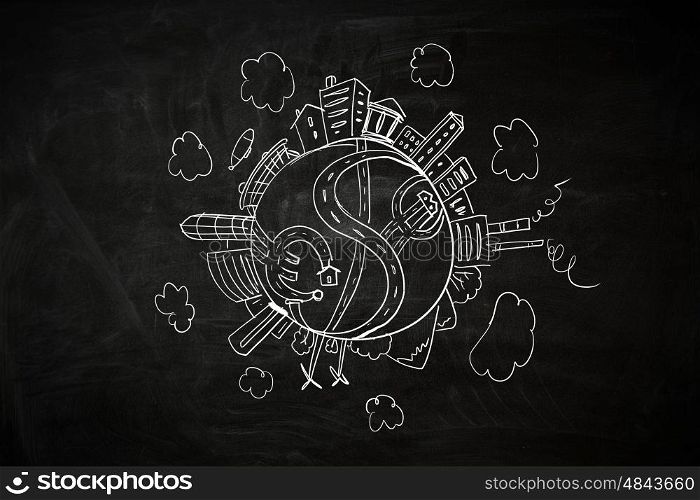 Travel around the world. Chalk drawing of money and round the world traveling