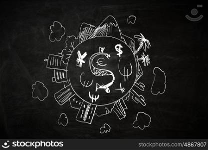 Travel around the world. Chalk drawing of money and round the world traveling
