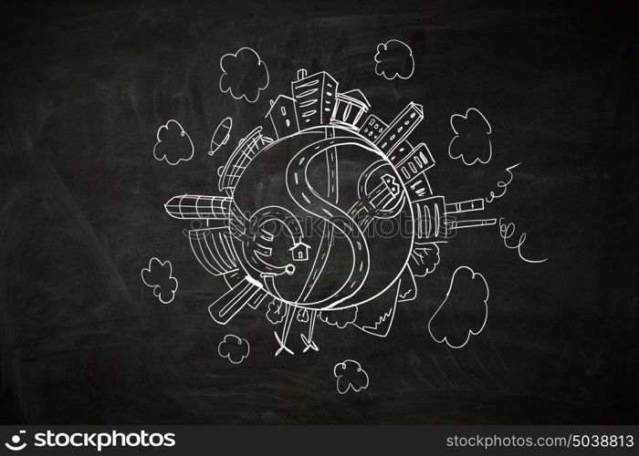 Travel around the world. Chalk drawing of money and round the world traveling