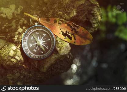 Travel background, compass on ground with leaf in nature with sunlight. Success concept.