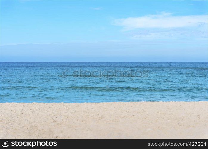 Travel background concept. Landscape picture of blue sea with sand on the beach and blue sky and clouds. Natural and environment. Picture for add text message. Backdrop for design art work.