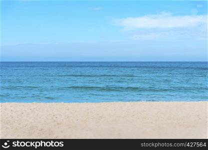 Travel background concept. Landscape picture of blue sea with sand on the beach and blue sky and clouds. Natural and environment. Picture for add text message. Backdrop for design art work.