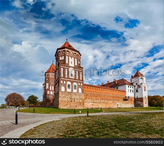 Travel belarus background - Medieval Mir castle famous landmark in town Mir, Belarus