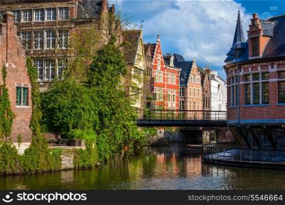 Travel Belgium medieval european city town background with canal. Ghent, Belgium