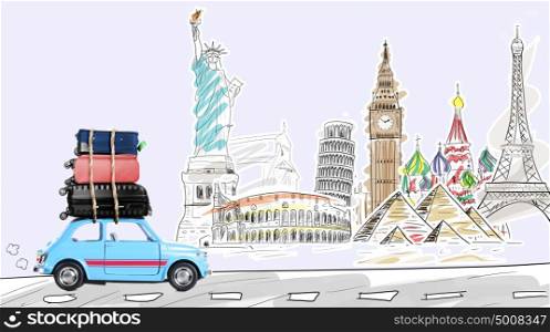 Travel by car. Around the world. Blue retro toy car with travel cases driving by famous monuments.