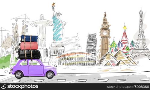 Travel by car. Around the world. Blue retro toy car with travel cases driving by famous monuments.