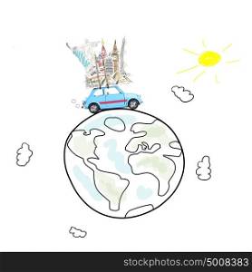Travel by car. Around the world travel memories. Blue retro toy car with famous monuments on roof at cartoon planet