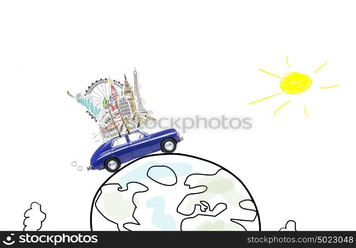 Travel by car. Around the world travel memories. Blue retro toy car with famous monuments on roof at cartoon planet.