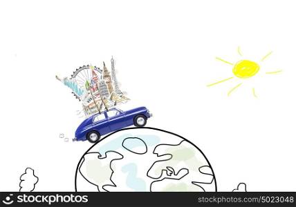Travel by car. Around the world travel memories. Blue retro toy car with famous monuments on roof at cartoon planet.