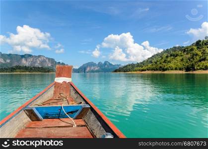 Travel by small boats at Ratchapapha dam in Khao Sok National Park Surat Thani province, Guilin of Thailand.