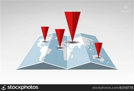 travel, cartography, location, navigation and geography concept - illustration of world map with red pointers. illustration of world map with red pointers