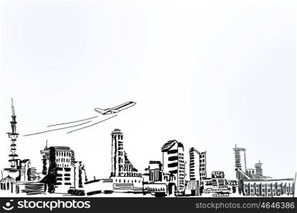 Travel concept. Background image with building sketches on white