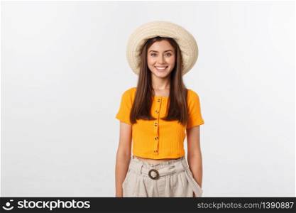 Travel concept - Close up Portrait young beautiful attractive girl wtih trendy hat and smiling. White Background. Copy space. Travel concept - Close up Portrait young beautiful attractive girl wtih trendy hat and smiling. White Background. Copy space.
