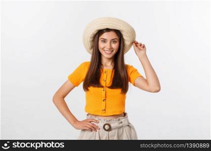 Travel concept - Close up Portrait young beautiful attractive girl wtih trendy hat and smiling. White Background. Copy space. Travel concept - Close up Portrait young beautiful attractive girl wtih trendy hat and smiling. White Background. Copy space.
