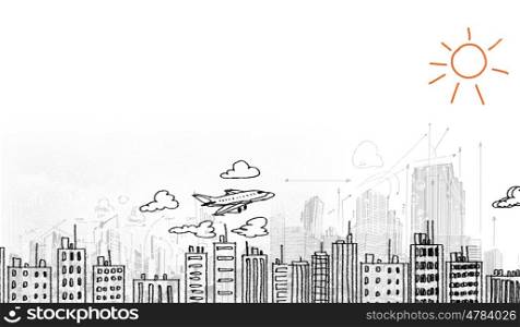Travel concept. Sketch image with buildings and graphs on white