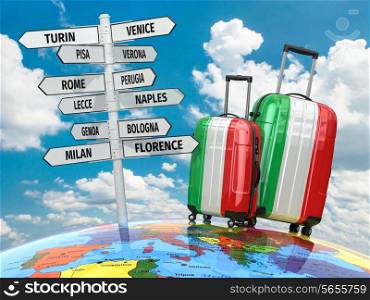 Travel concept. Suitcases and signpost what to visit in Italy. 3d