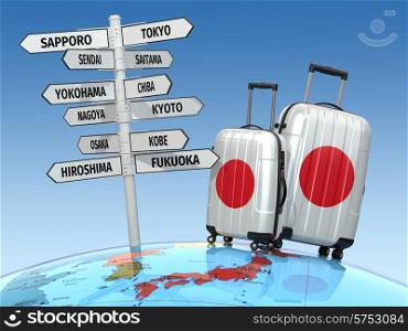 Travel concept. Suitcases and signpost what to visit in Japan. 3d