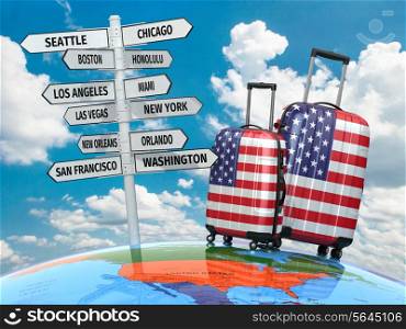 Travel concept. Suitcases and signpost what to visit in USA. 3d