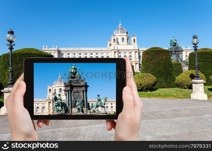 travel concept - tourist snapshot of Empress Maria Theresa monument on Maria Theresien platz in Vienna on tablet pc