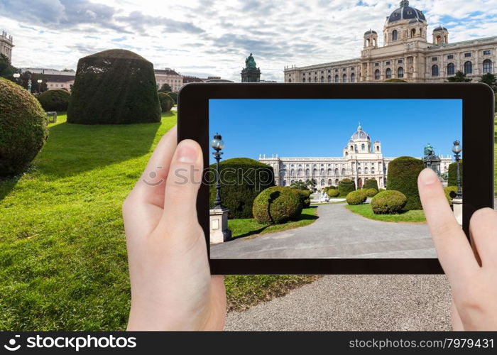 travel concept - tourist snapshot of Naturhistorisches (Natural History) Museum on Maria Theresien platz in Vienna on tablet pc