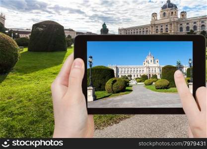 travel concept - tourist snapshot of Naturhistorisches (Natural History) Museum on Maria Theresien platz in Vienna on tablet pc