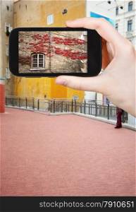 travel concept - tourist takes picture of red ivy leaves on wall in Vienna in autumn smartphone, Austria
