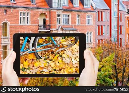 travel concept - tourist takes picture of yellow leaves on street in autumn on smartphone, Berlin, Germany