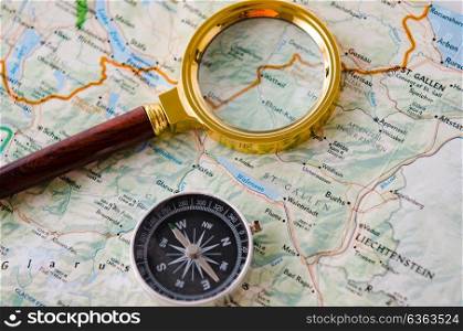 Travel concept with compass and map. The travel concept with compass and map