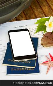 travel documents with black smartphone, copy space on screen. travel documents