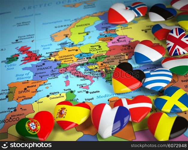 Travel EU concept. Map of Europe and hearts with flags of european countries. 3d