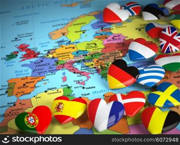 Travel EU concept. Map of Europe and hearts with flags of european countries. 3d