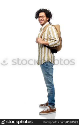 travel, fashion and education concept - happy smiling man in glasses with backpack over white background. happy smiling man in glasses with backpack