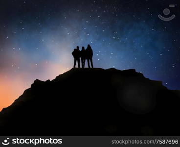 travel, hike and success concept - group of travelers or friends standing on edge of mountain over starry night sky or space background. travelers on edge of mountain over night sky