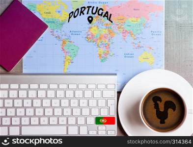 Travel holiday concept with coffee and map with flag on keyboard and passport on wooden table. Travel to Rome Italy